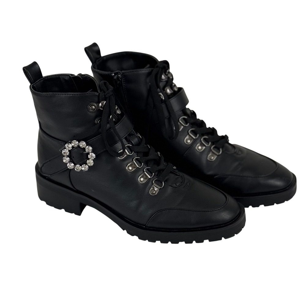Black Moto Combat Boots Rhinestone Buckle Lug Sole Punk Biker Edgy Glam Size 8 - Picture 3 of 11